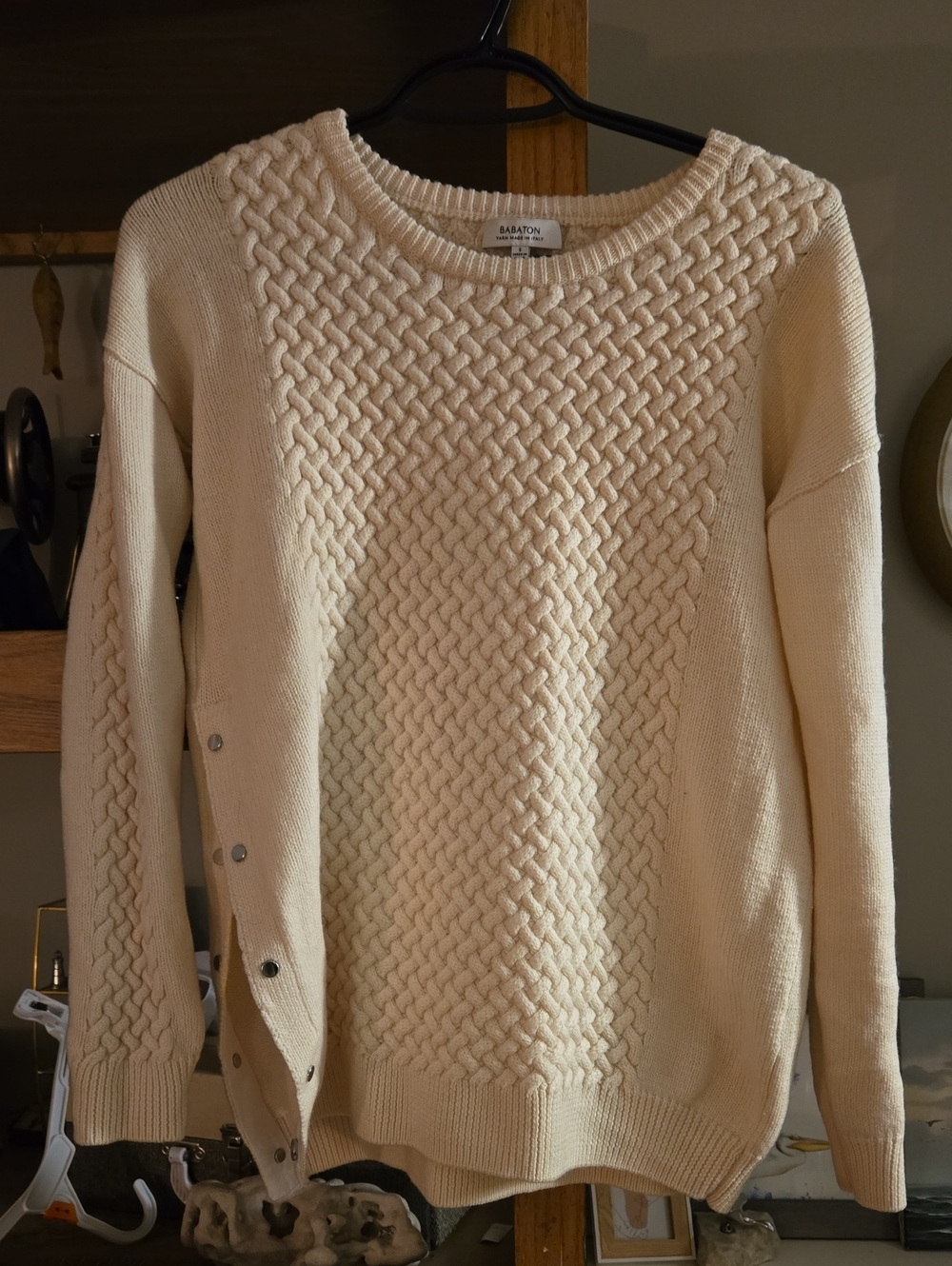 Babaton 100% Merino Wool Cream Cable-Knit Crewneck Sweater